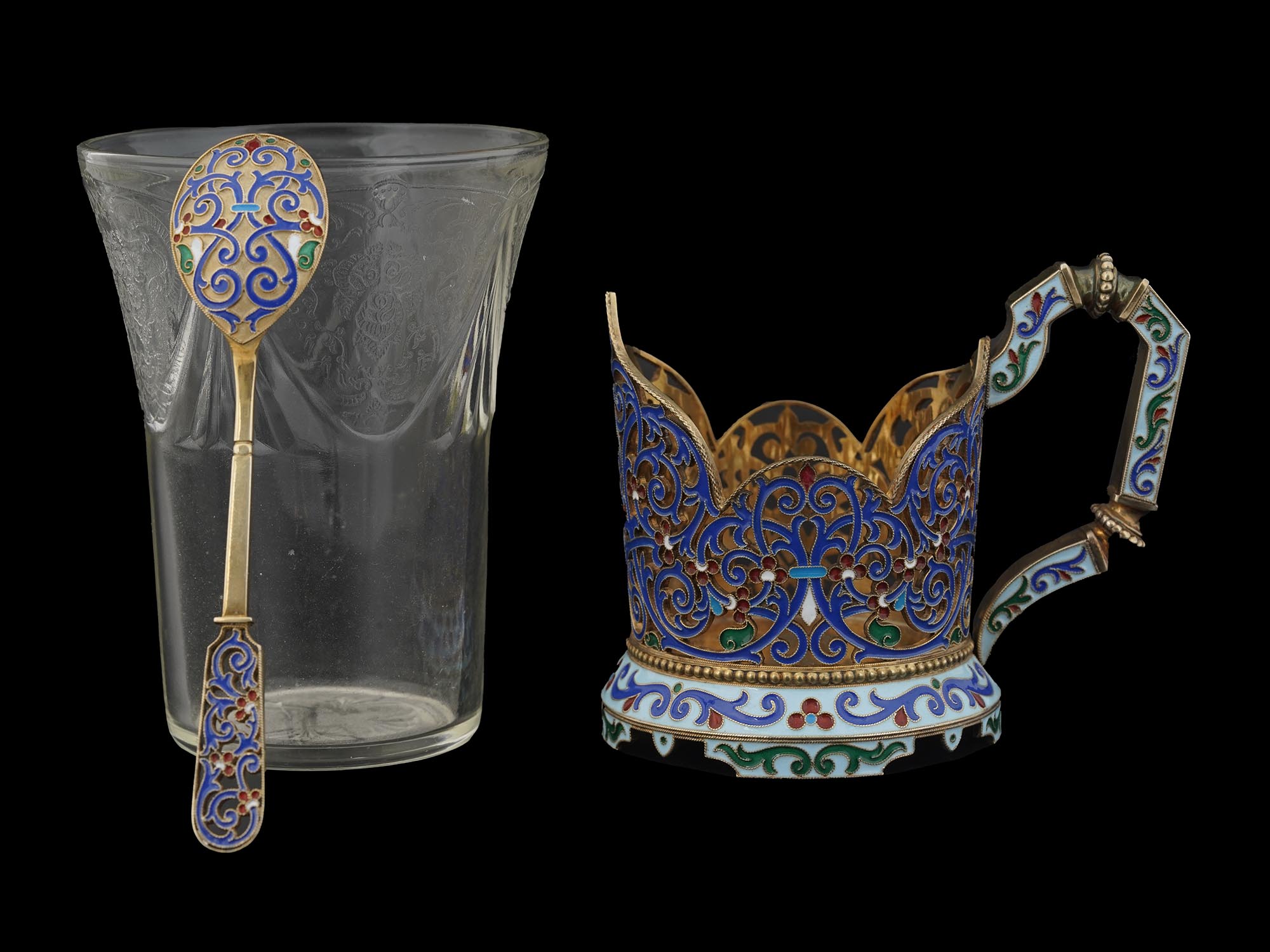RUSSIAN SILVER, ENAMEL TEA GLASS HOLDER AND SPOON PIC-1